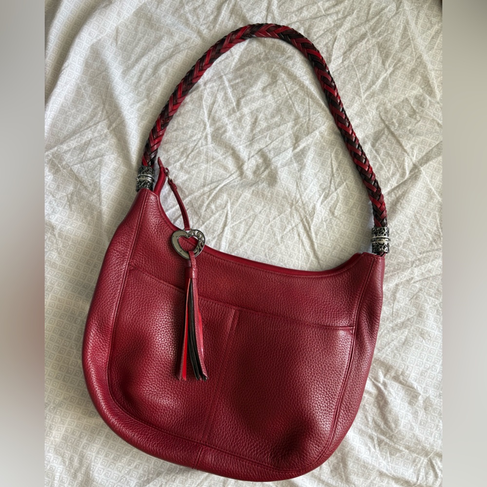 Brighton Red Leather Hobo Bag with Braided Handle